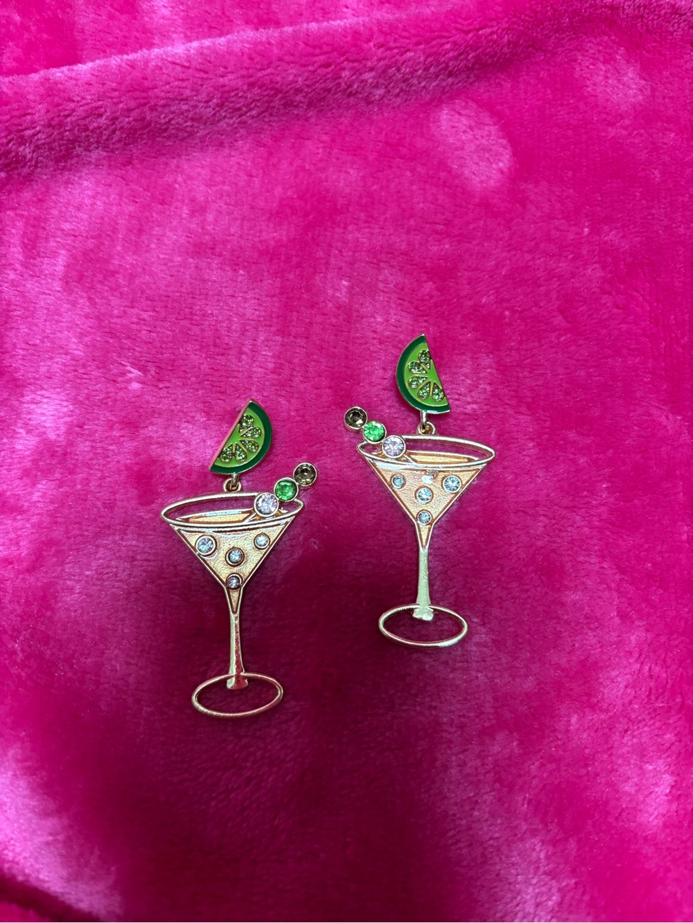 Cocktail Martini Drop Earrings with Green Lime Accent